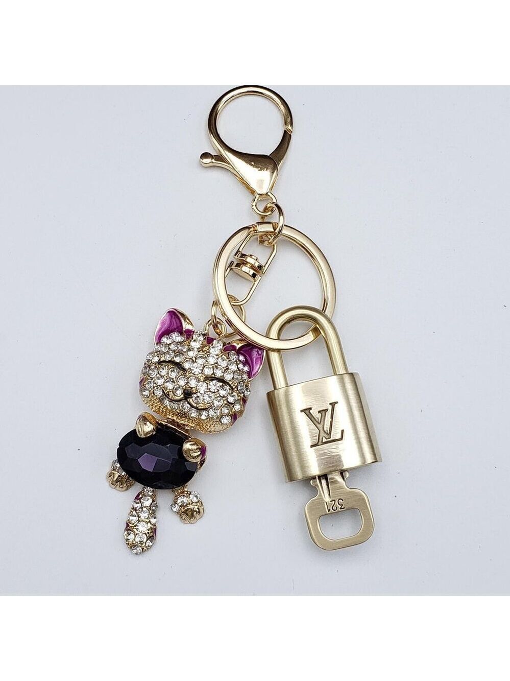 Authentic Louis Vuitton Lock & Key with Unbranded Cat Charm, Keychain - Picture 6 of 12